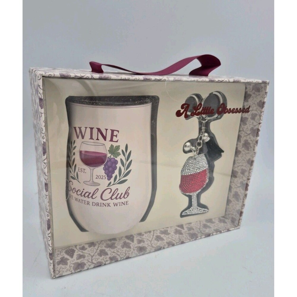 A Little Obsessed Wine Social Club 12oz Tumbler + Rhinestone Bag Charm Gift Set